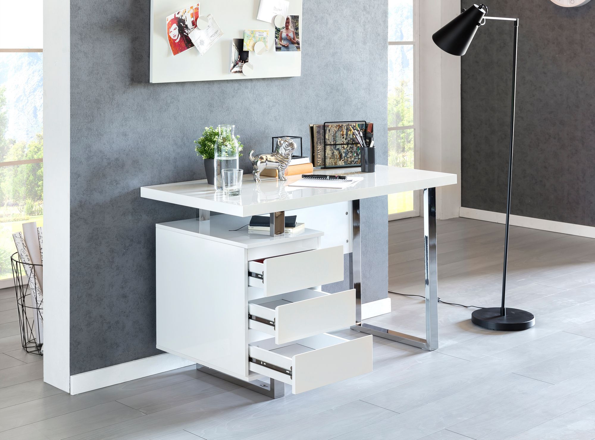 Sera íróasztal 3 fiókkal, fehér magasfényű lakk/króm, 115x60x76 cm"k"