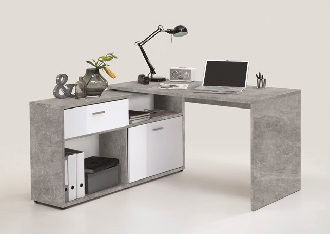 Diana sarokíróasztal, beton/magasfényű fehér, 138x75x68 cm
