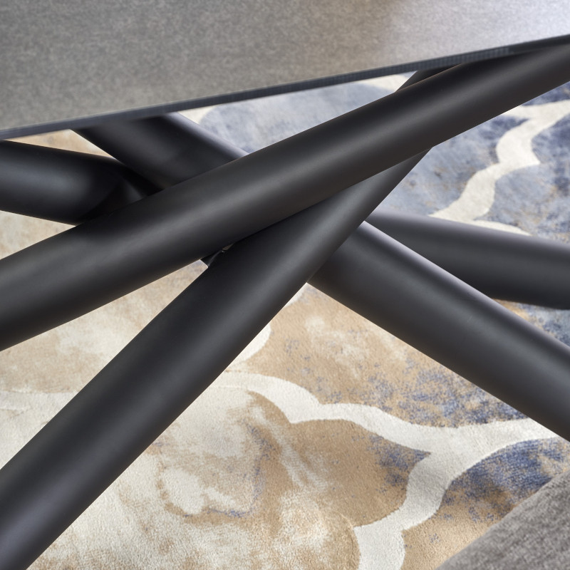 Pello asztal ,sötét szürke üveg, fekete láb,180-240x95x77cm