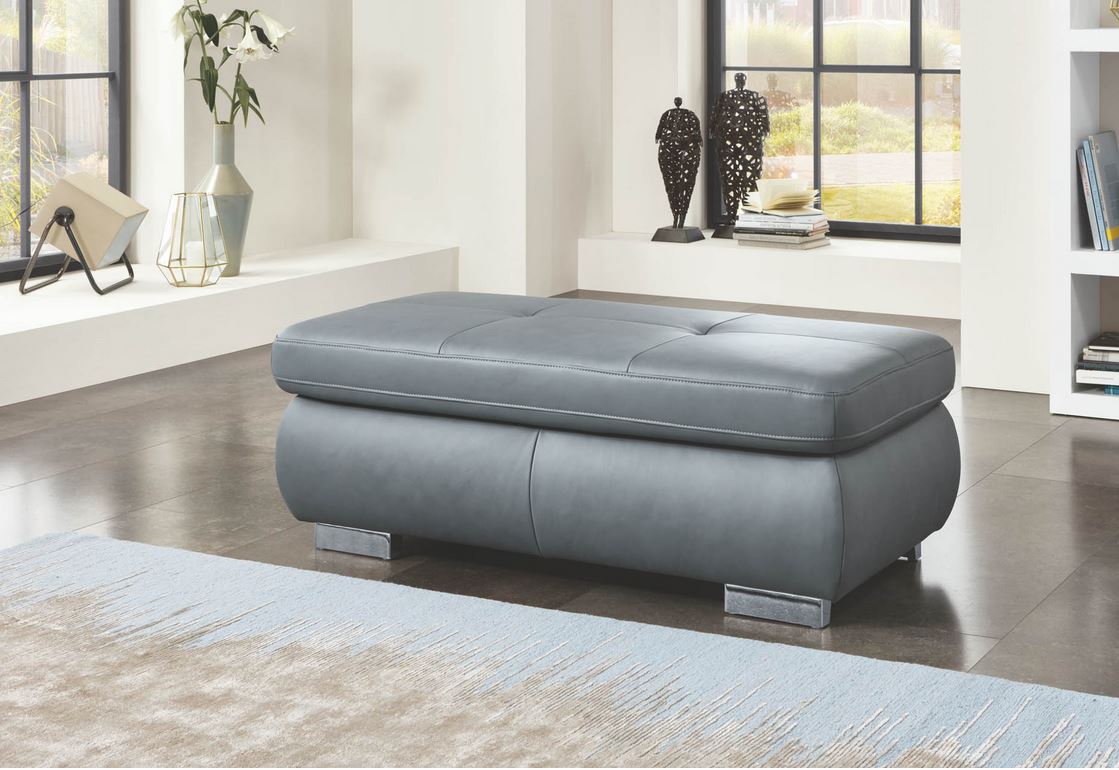 Ice ülőgarnitúra 309x195 cm, tárolós lábtartóval, vendégággyal, állítható fejtámlákkal, 2 db derékpárnával + tárolós ülőke 129x64 cm Vivre Steele bőrrel, króm lábbal