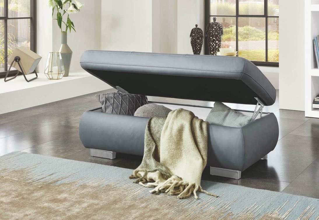 Ice ülőgarnitúra 309x195 cm, tárolós lábtartóval, vendégággyal, állítható fejtámlákkal, 2 db derékpárnával + tárolós ülőke 129x64 cm Vivre Steele bőrrel, króm lábbal