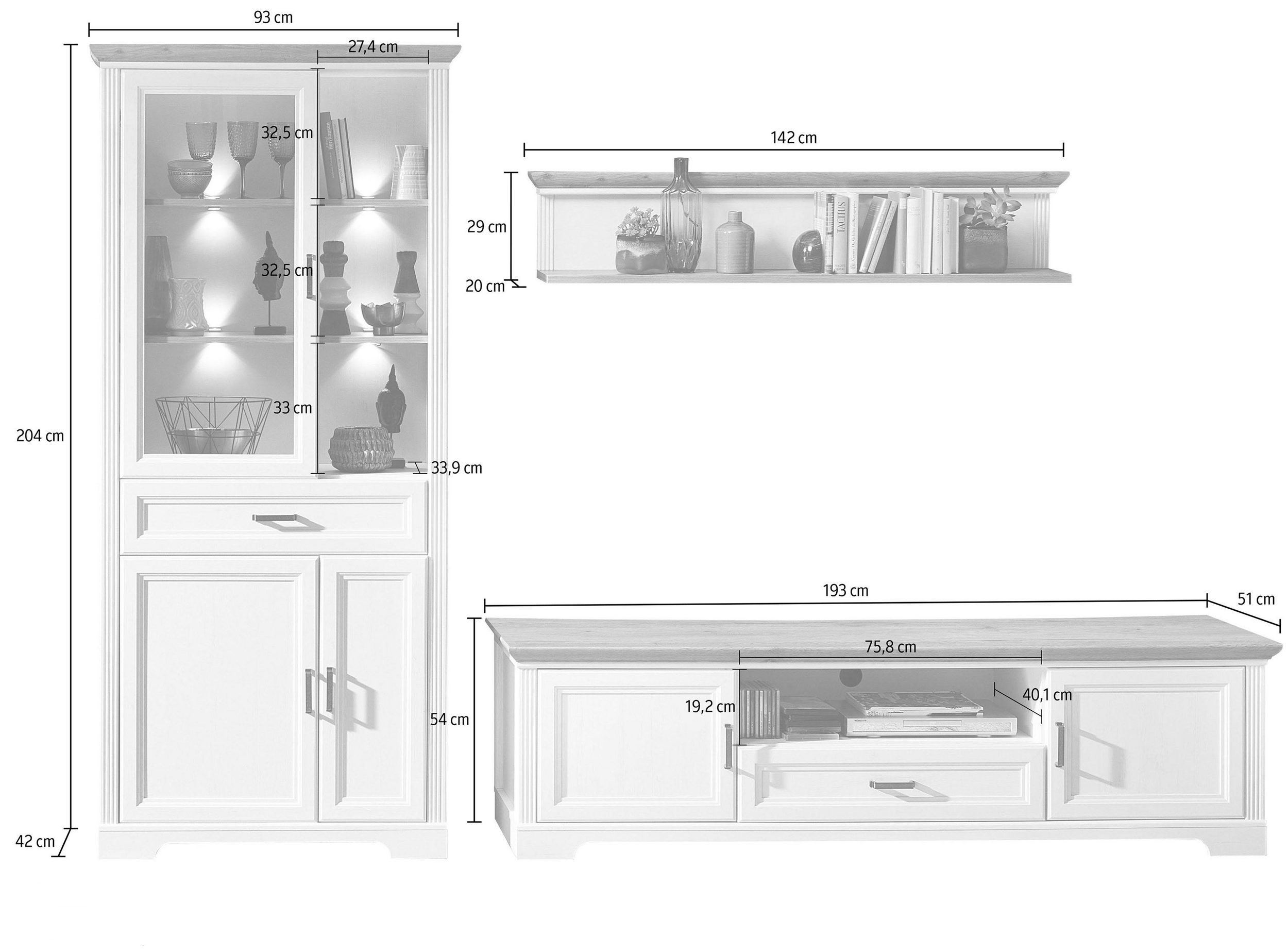 Jillana nappali összeállítás UH83, LED világítással,  Fehér / Artisan tölgy, 299x204x51 cm