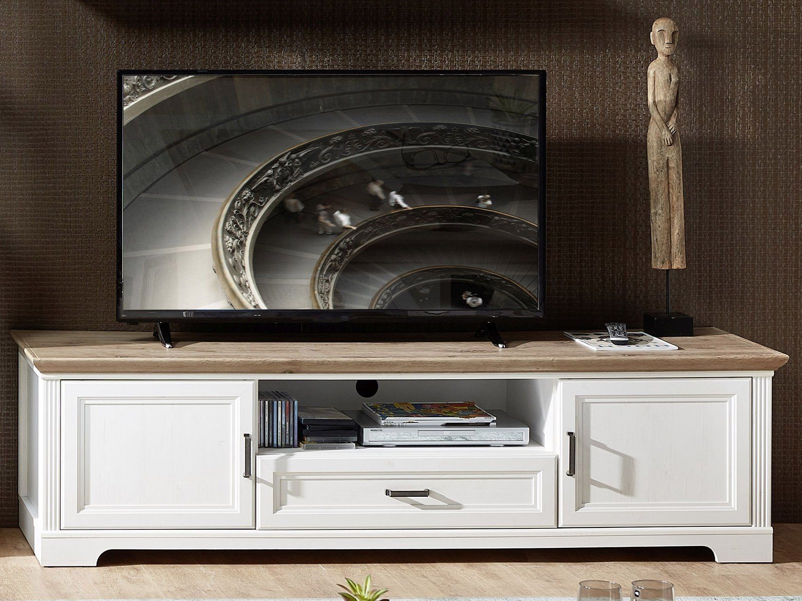 Jillana széles TV-állvány UH32, Fehér / Artisan tölgy, 193x54x51 cm