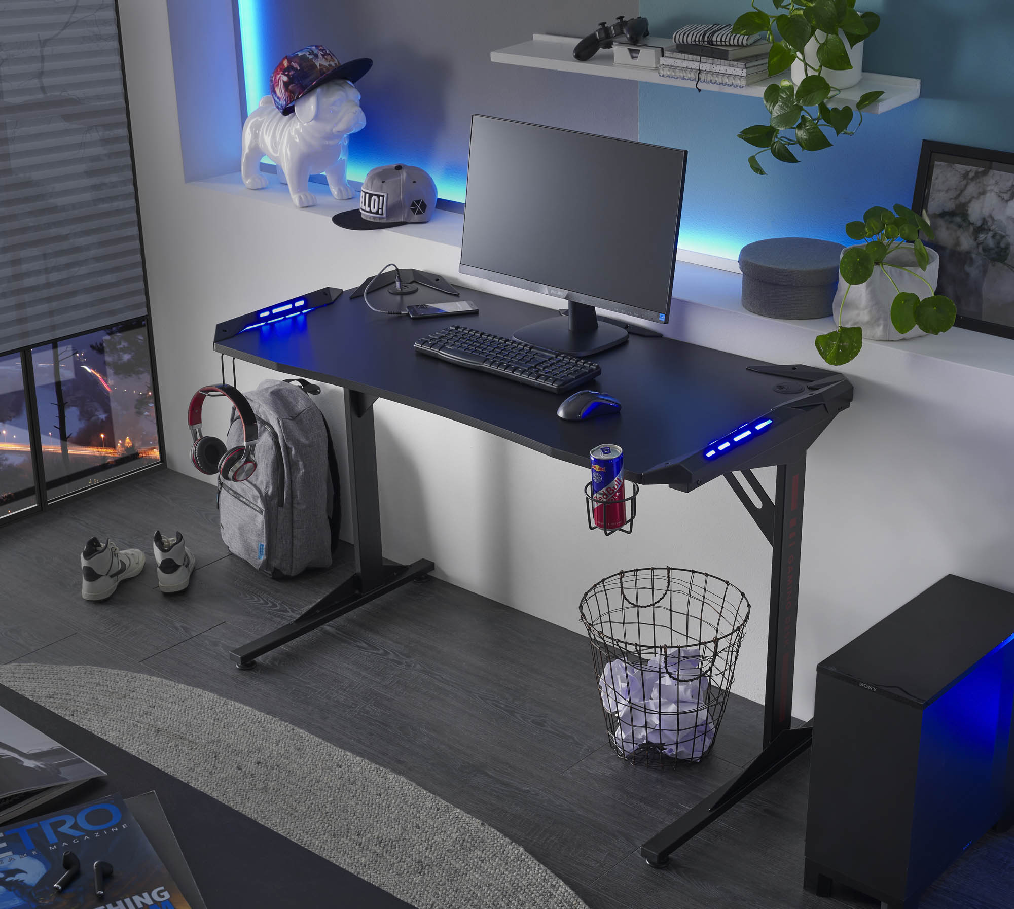 Gamer íróasztal, Carbon Optik-fekete, 119x76x60 cm