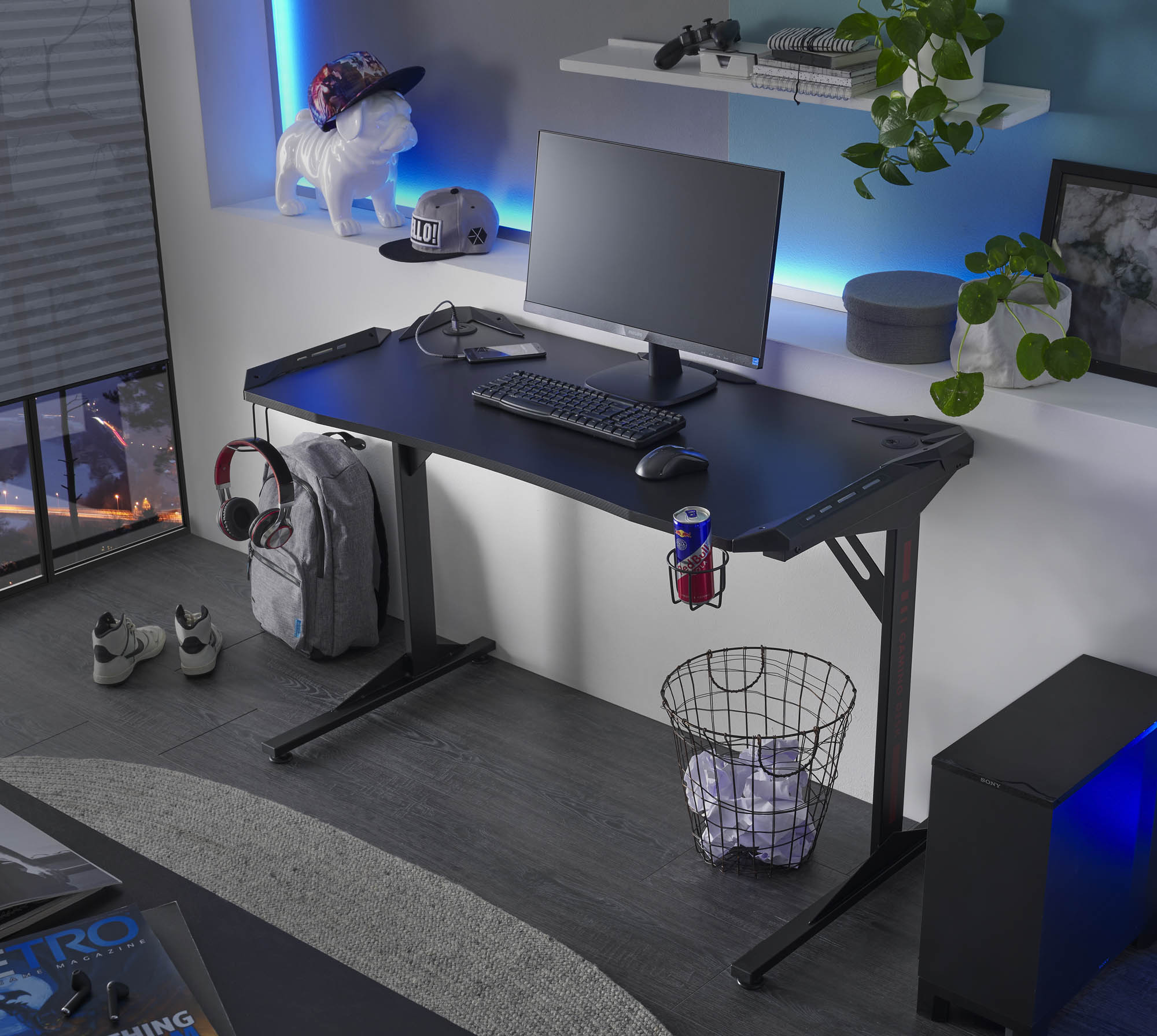 Gamer íróasztal, Carbon Optik-fekete, 119x76x60 cm