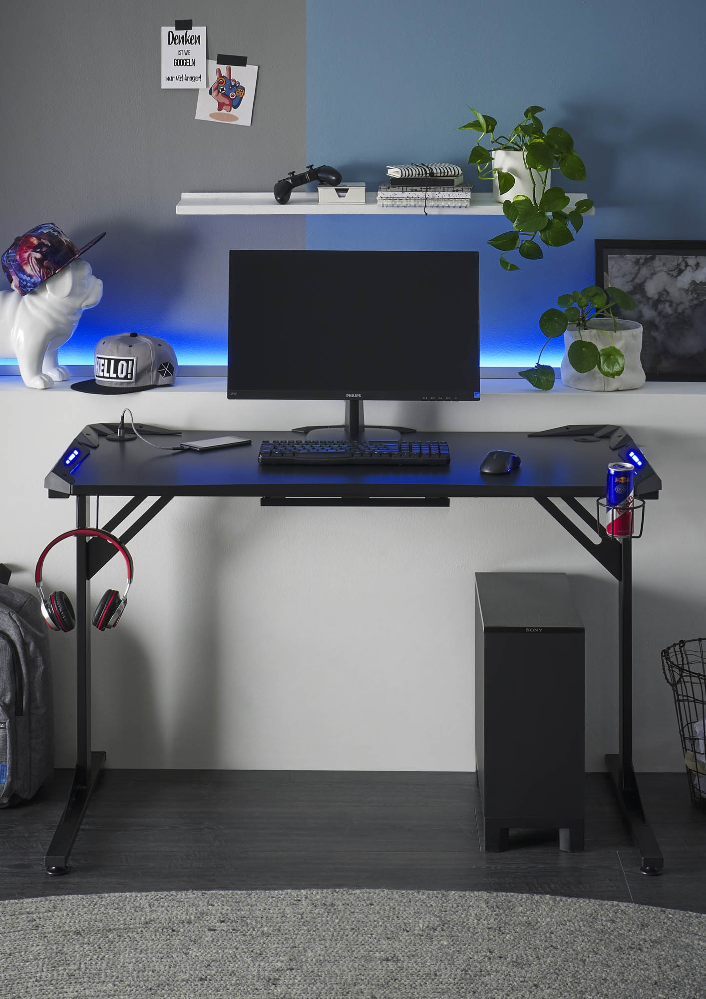 Gamer íróasztal, Carbon Optik-fekete, 119x76x60 cm