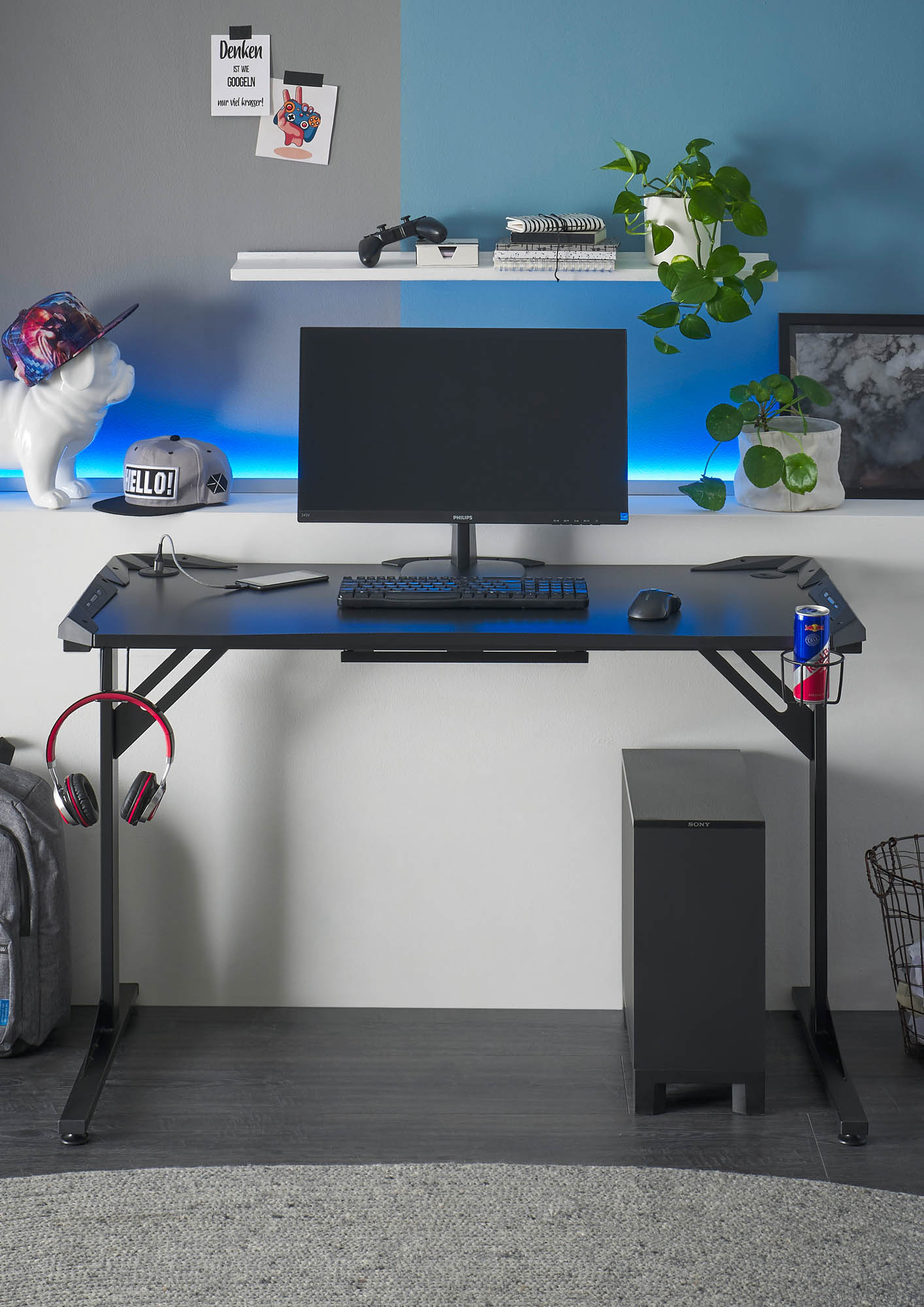 Gamer íróasztal, Carbon Optik-fekete, 119x76x60 cm