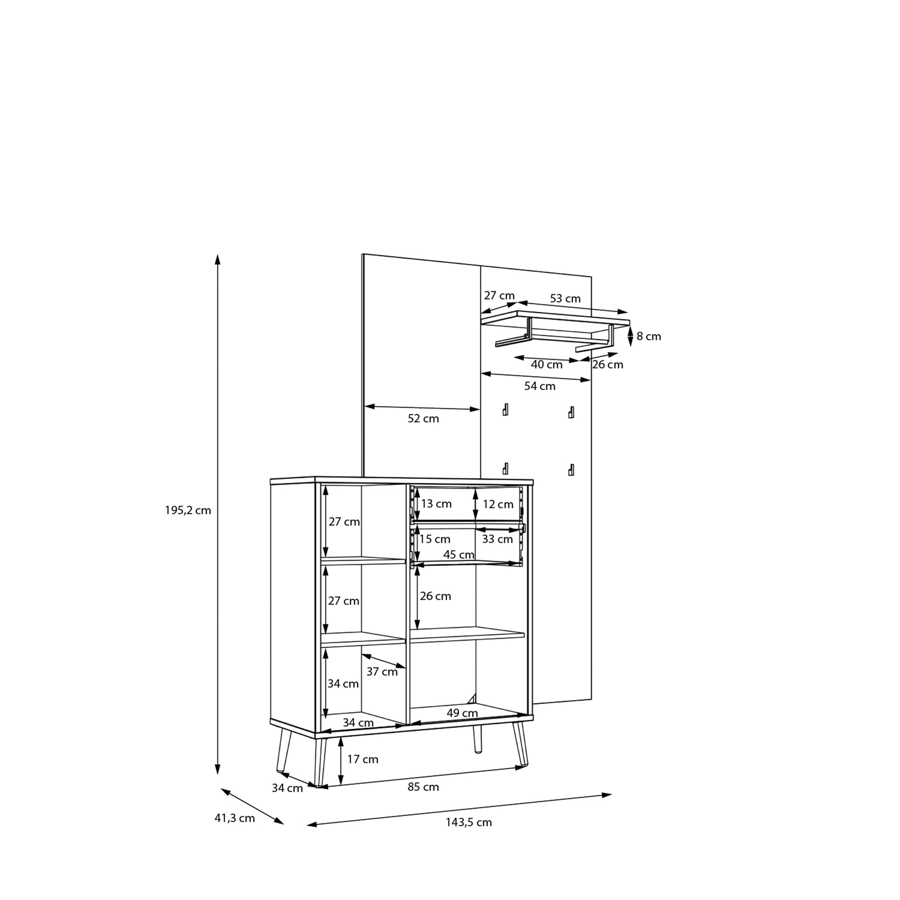 Festa előszoba szekrényösszeállítás 143,5 x 195 x 2 x 41,5 cm