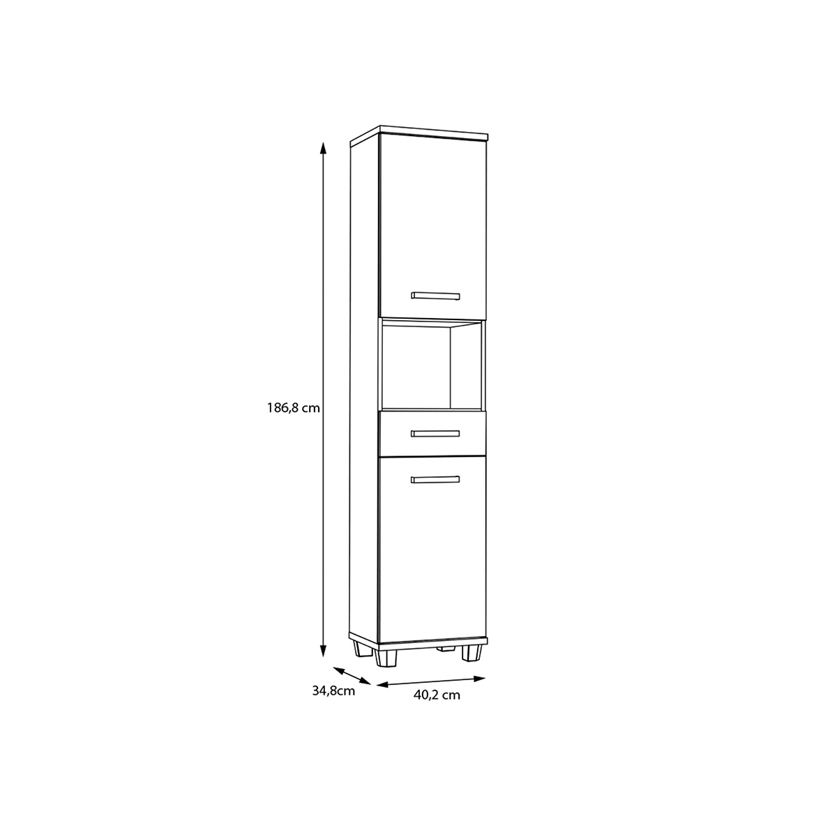 Feris fürdőszobai állószekrény 2 ajtóval, 1fiókkal, világos szürke/Artisantölgy 40,2x186,8x34,8cm