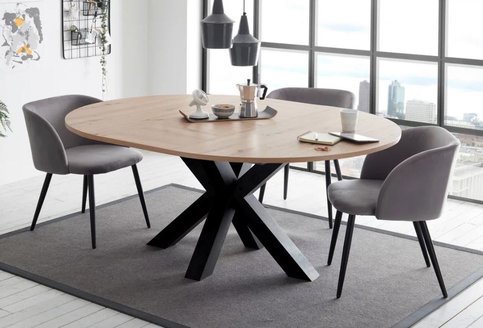 Und bővíthető kör étkezőasztal, Csomós tölgy lap/fekete csillag láb,130-170x78 cm