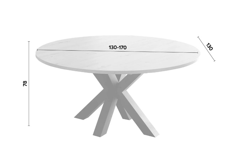 Und bővíthető kör étkezőasztal, Csomós tölgy lap/fekete csillag láb,130-170x78 cm