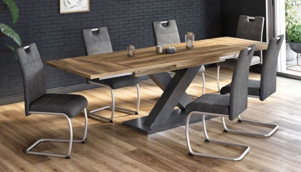 K2-System-X étkezőasztal, Deszkatölgy / Grafit láb / Fekete talp, 160-210-260 cm