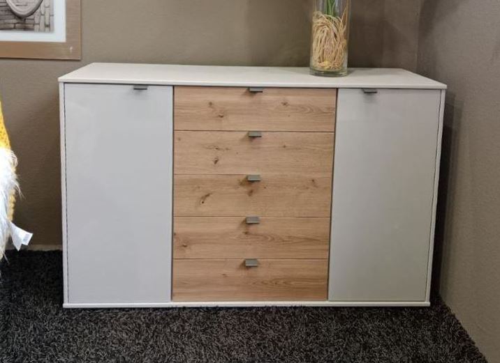 Nevada komód, 141 cm pezsgő üveg/Bianco tölgy, fogantyú szürke