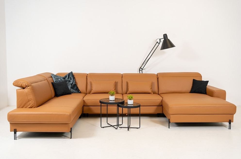 Ravenna bőr U alakú garnitúra, ágy+ÁT, mély ülés, normál komfort, retro karfa,989 sárga, fekete duplapálcás lábbal, 344x210x170 cm + 2 db derékpárna