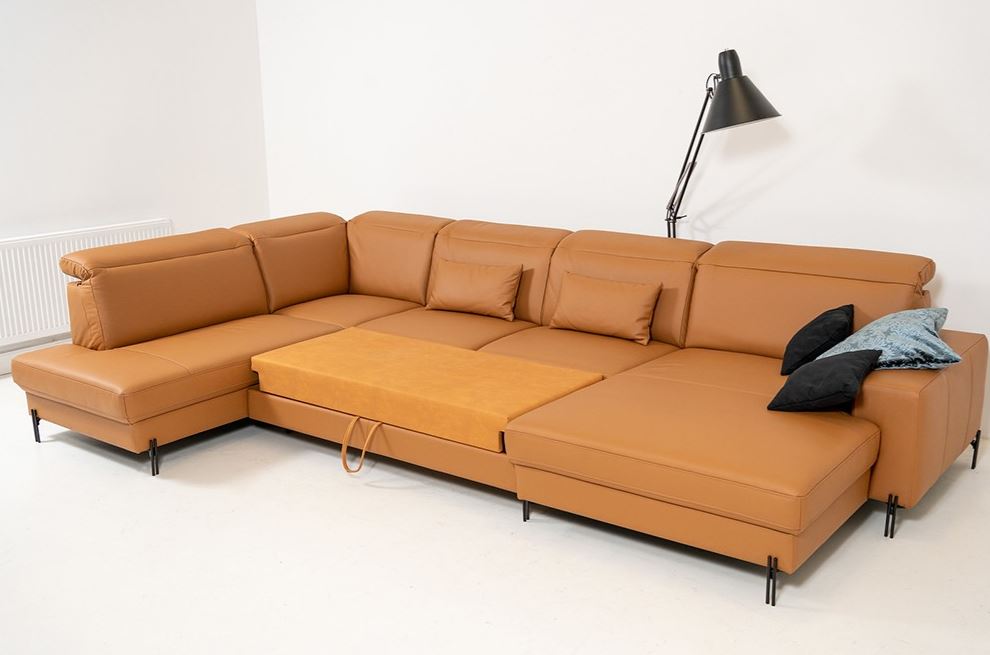 Ravenna bőr U alakú garnitúra, ágy+ÁT, mély ülés, normál komfort, retro karfa,989 sárga, fekete duplapálcás lábbal, 344x210x170 cm + 2 db derékpárna