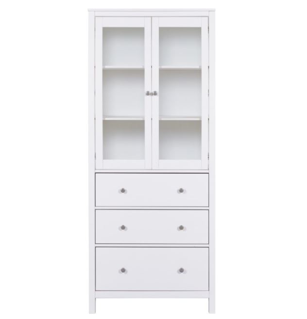 CosyHome vitrin, fehér festett fenyő, 3 fiók, 2 ajtó, 82x197x39 cm