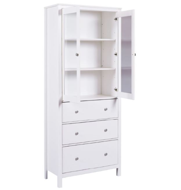 CosyHome vitrin, fehér festett fenyő, 3 fiók, 2 ajtó, 82x197x39 cm