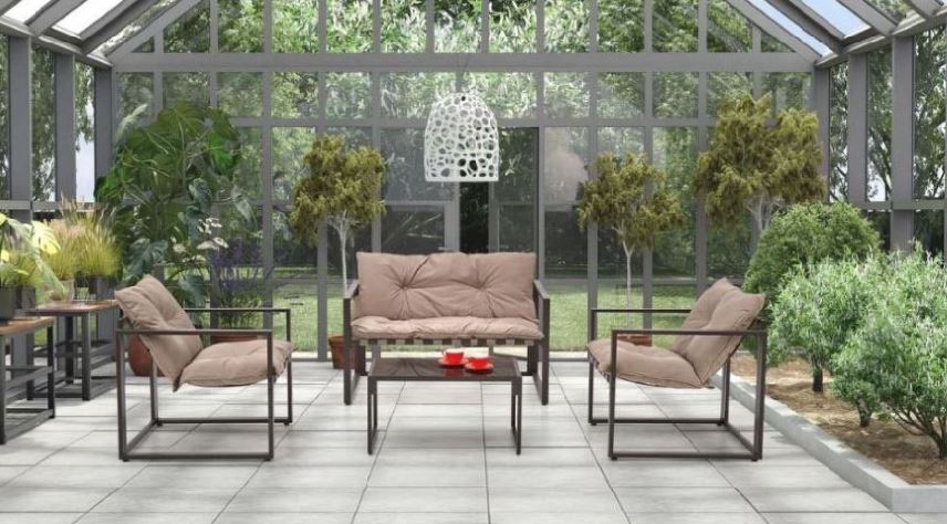 SHARK balkon szett, Capuccino/Porszórt acél/Üveg asztallap (2 Fotel, Sofa, Kisasztal) 