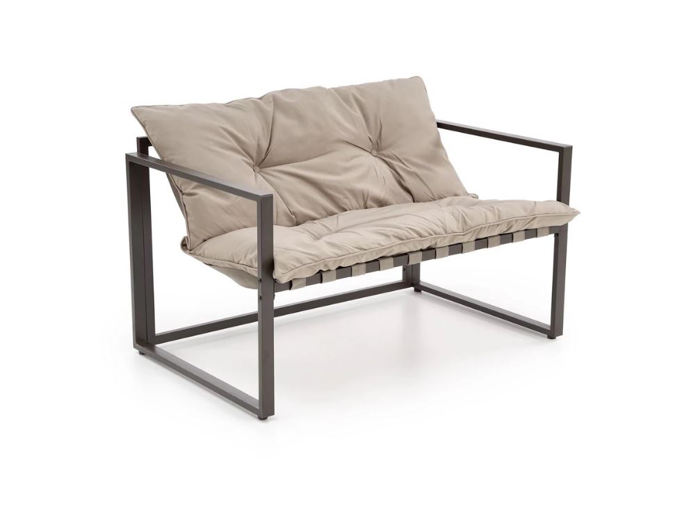 SHARK balkon szett, Capuccino/Porszórt acél/Üveg asztallap (2 Fotel, Sofa, Kisasztal) 