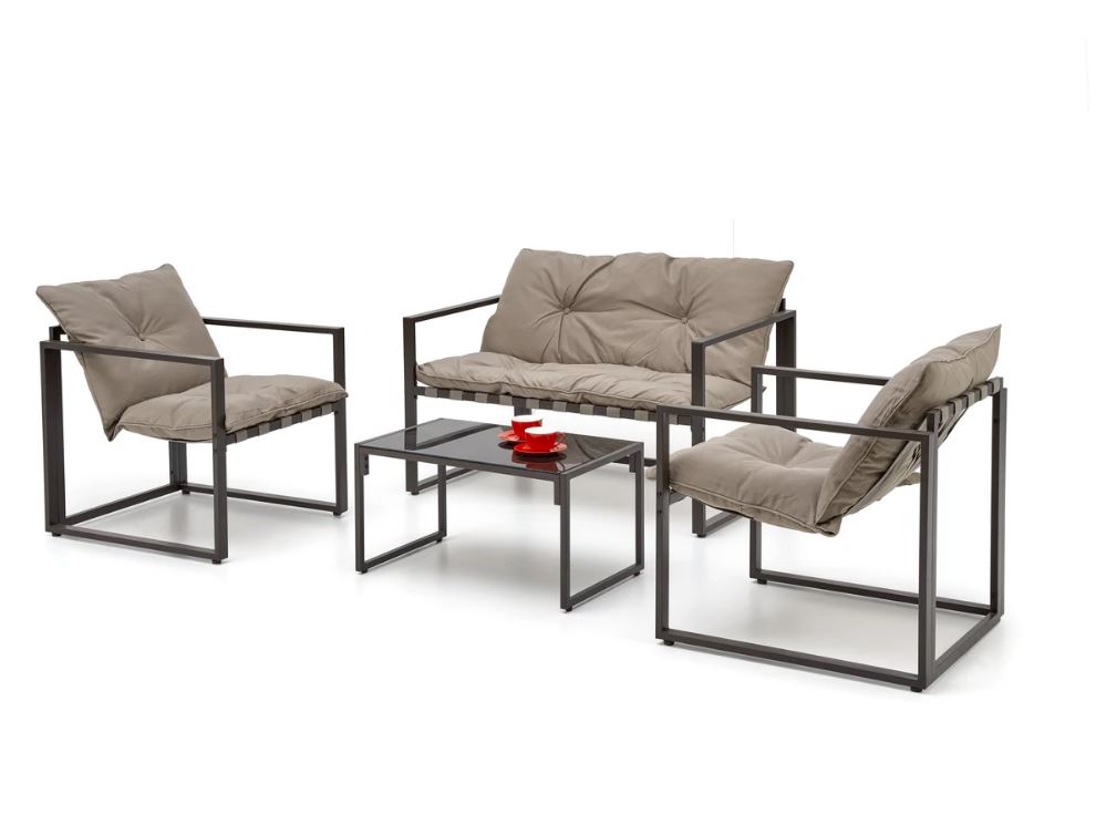 SHARK balkon szett, Capuccino/Porszórt acél/Üveg asztallap (2 Fotel, Sofa, Kisasztal) 