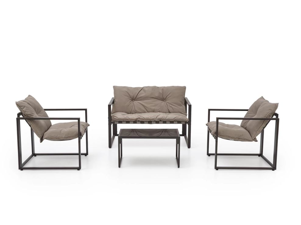 SHARK balkon szett, Capuccino/Porszórt acél/Üveg asztallap (2 Fotel, Sofa, Kisasztal) 