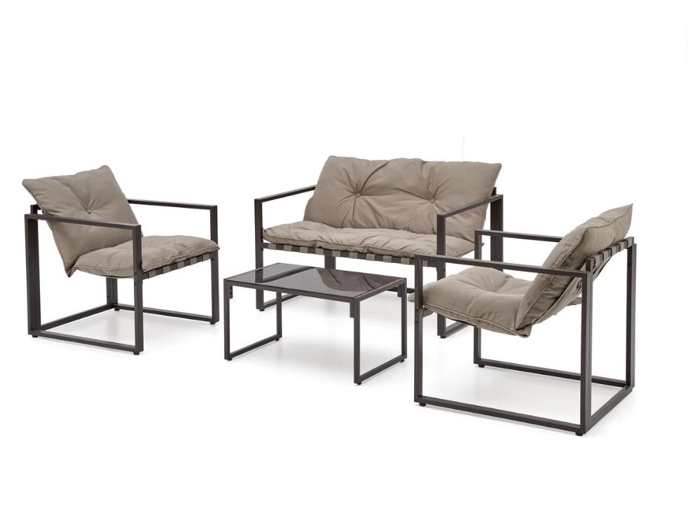 SHARK balkon szett, Capuccino/Porszórt acél/Üveg asztallap (2 Fotel, Sofa, Kisasztal) 
