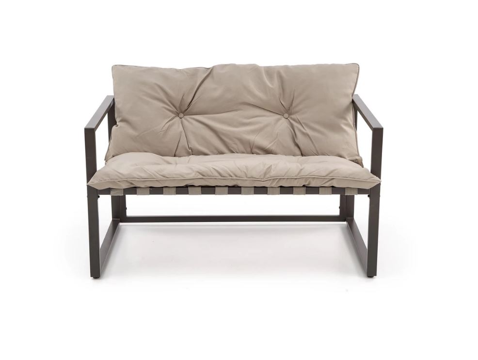 SHARK balkon szett, Capuccino/Porszórt acél/Üveg asztallap (2 Fotel, Sofa, Kisasztal) 