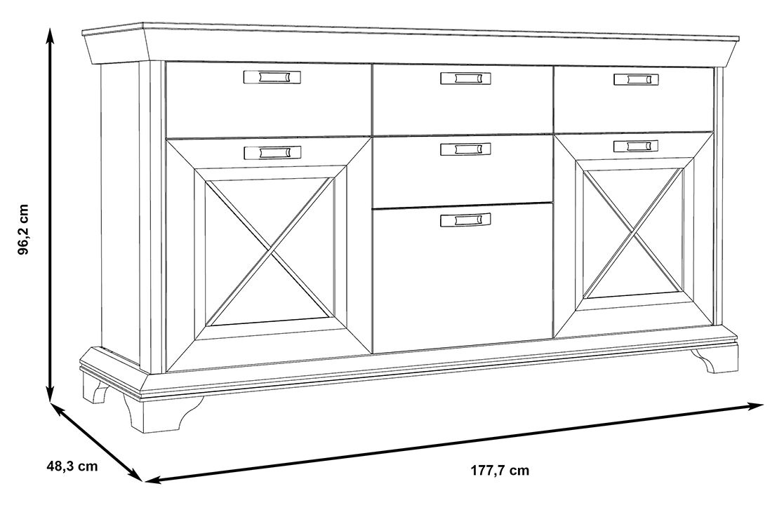 Kastel komód 3 ajtós 4 fiókos, fehér fenyő, 178x96x48 cm