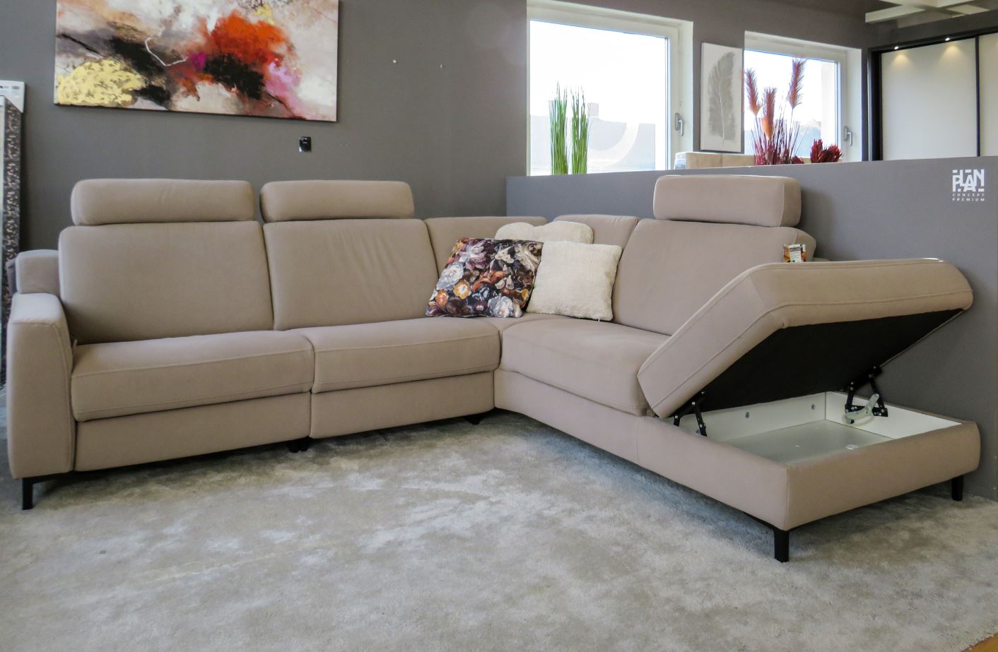 Sofastyle sarokgarnitúra, 264x235 cm, Enoa Gravel Aqua Clean szövettel, 2 db relax funkcióval, tárolós ottománnal, állítható fejtámlákkal