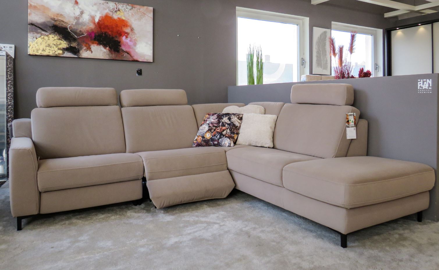 Sofastyle sarokgarnitúra, 264x235 cm, Enoa Gravel Aqua Clean szövettel, 2 db relax funkcióval, tárolós ottománnal, állítható fejtámlákkal