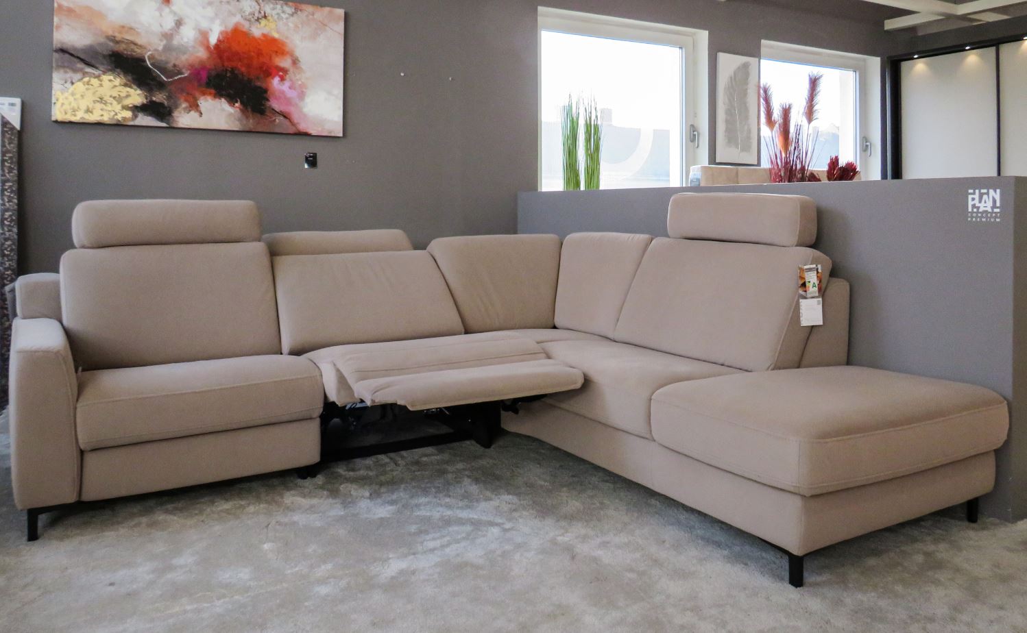 Sofastyle sarokgarnitúra, 264x235 cm, Enoa Gravel Aqua Clean szövettel, 2 db relax funkcióval, tárolós ottománnal, állítható fejtámlákkal