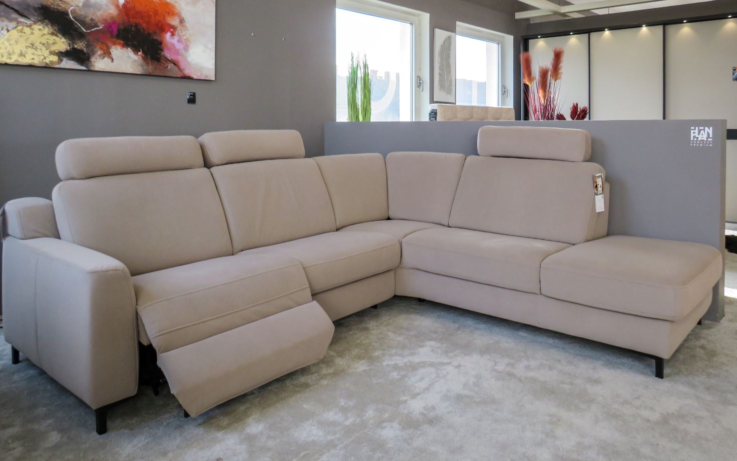 Sofastyle sarokgarnitúra, 264x235 cm, Enoa Gravel Aqua Clean szövettel, 2 db relax funkcióval, tárolós ottománnal, állítható fejtámlákkal