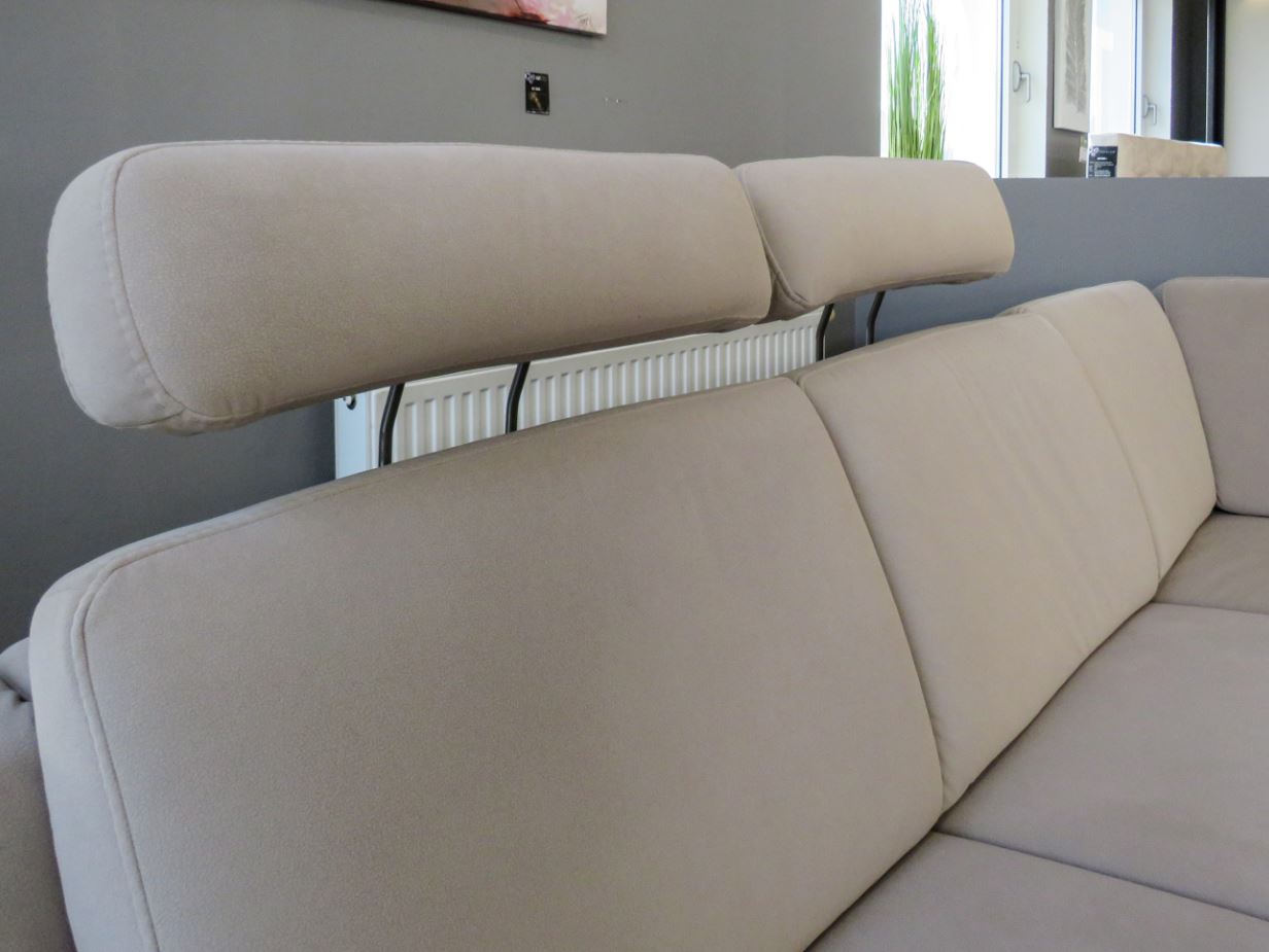 Sofastyle sarokgarnitúra, 264x235 cm, Enoa Gravel Aqua Clean szövettel, 2 db relax funkcióval, tárolós ottománnal, állítható fejtámlákkal