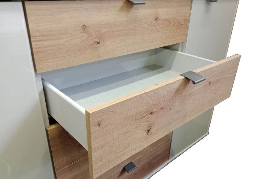 Nevada komód, 141 cm pezsgő üveg/Bianco tölgy, fogantyú szürke