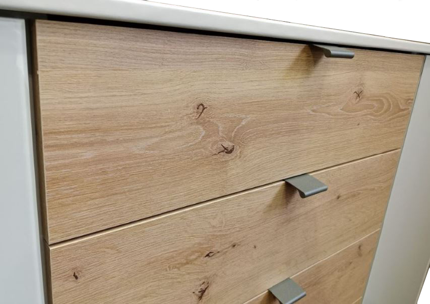 Nevada komód, 141 cm pezsgő üveg/Bianco tölgy, fogantyú szürke