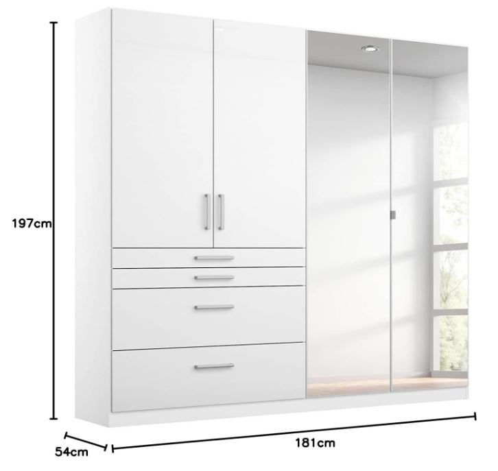 Henriette nyílóajtós szekrény, magasfényű fehér/tükör 181x197x54cm