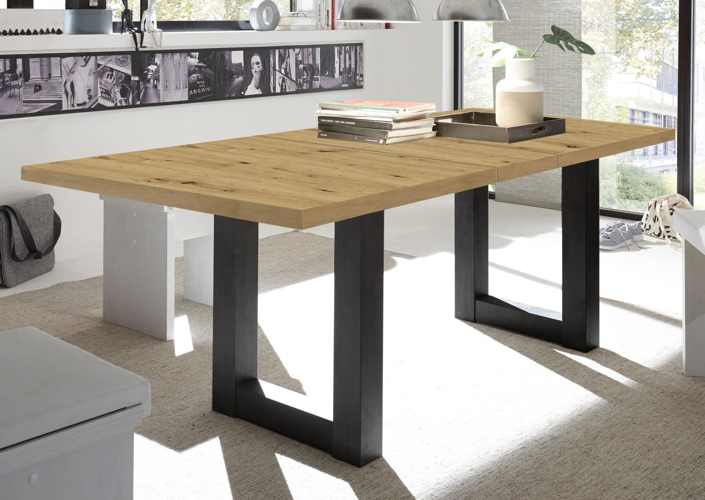 System-U160B asztal, csomóstölgy asztallap, feketeacél színű lábbal,160-210x90 cm