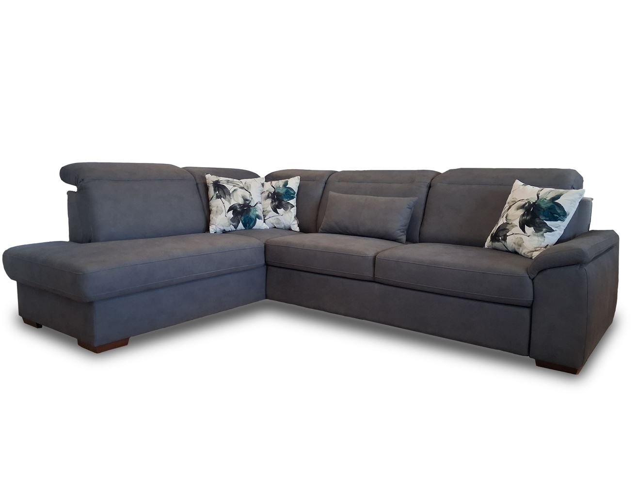 Ravenna sarokgarnitúra, állítható fejtámlákkal, vendégággyal, felnyíló tárolós elemmel, Szürke, 286x200 cm