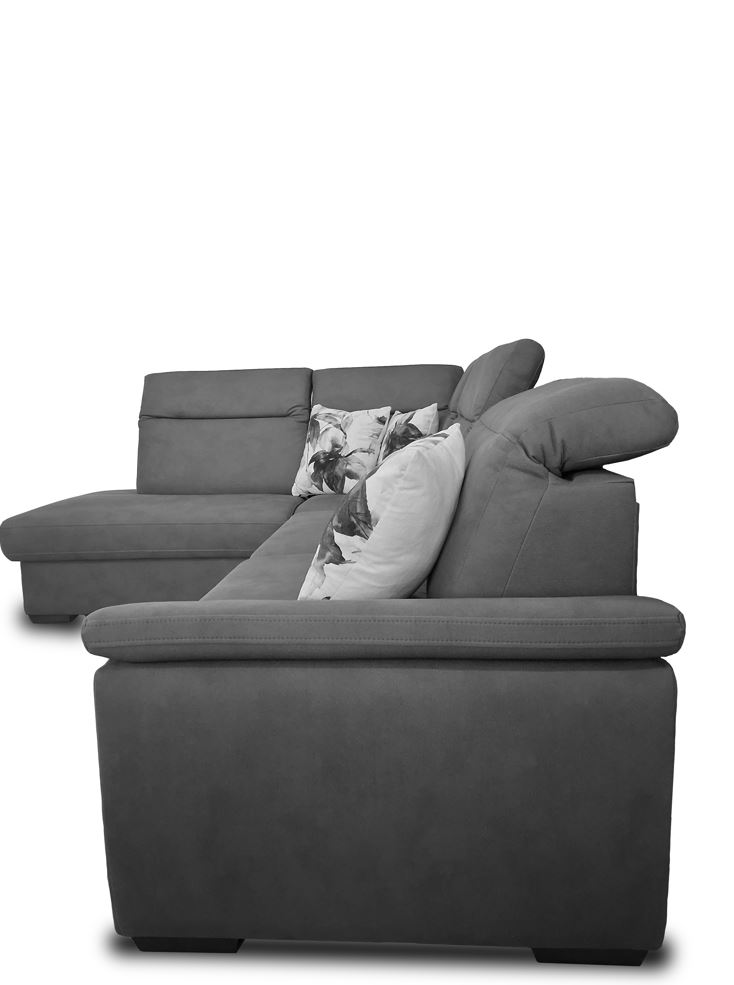 Ravenna sarokgarnitúra, állítható fejtámlákkal, vendégággyal, felnyíló tárolós elemmel, Szürke, 286x200 cm