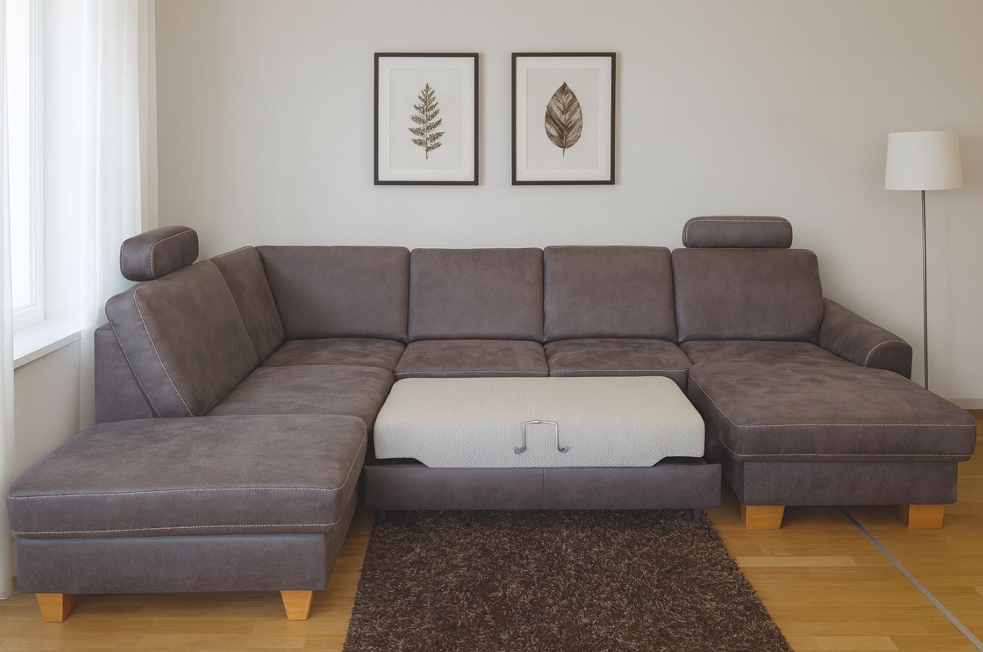 Stanley U alakú ülőgarnitúra 313x235x167 cm + Inside-S relax fotel 84x106x88 cm, Taurus Grau szövet, tölgy láb