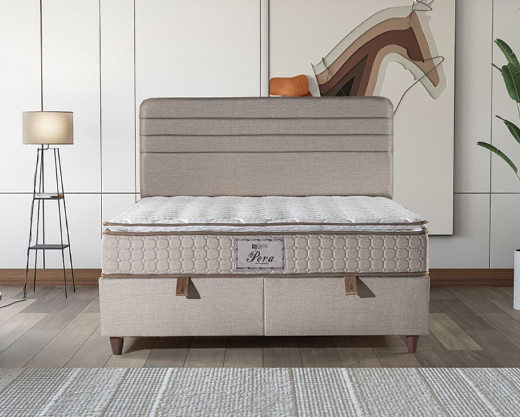 Peru boxspring ágyszett (ágyneműtartós ágy matraccal), beige szövet, 180*200 cm