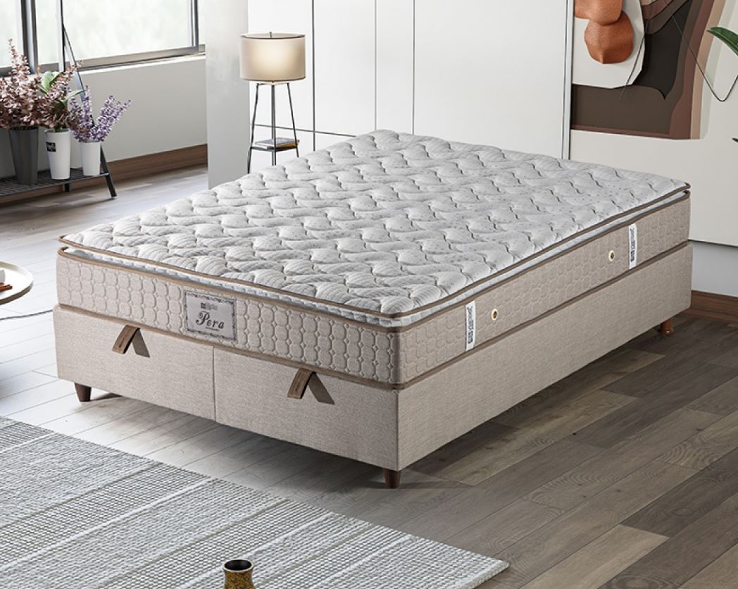 Peru boxspring ágyszett (ágyneműtartós ágy matraccal), beige szövet, 180*200 cm