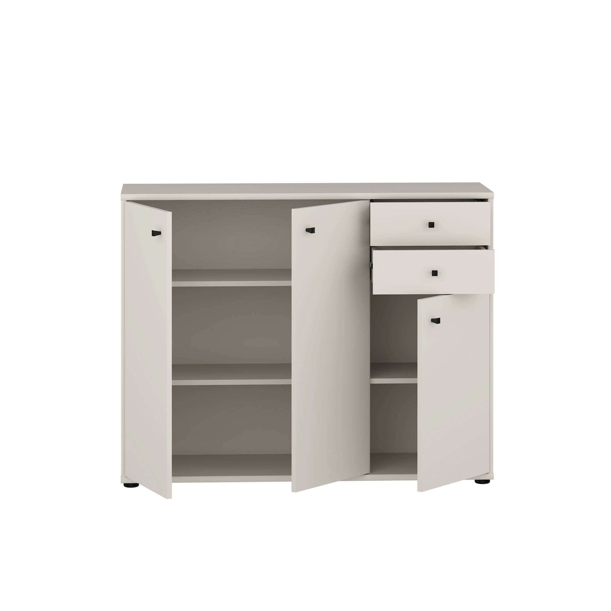 Tampa komód 2 fiókos / 3 ajtós, kasmír, fekete fogantyú, 109x86x35 cm