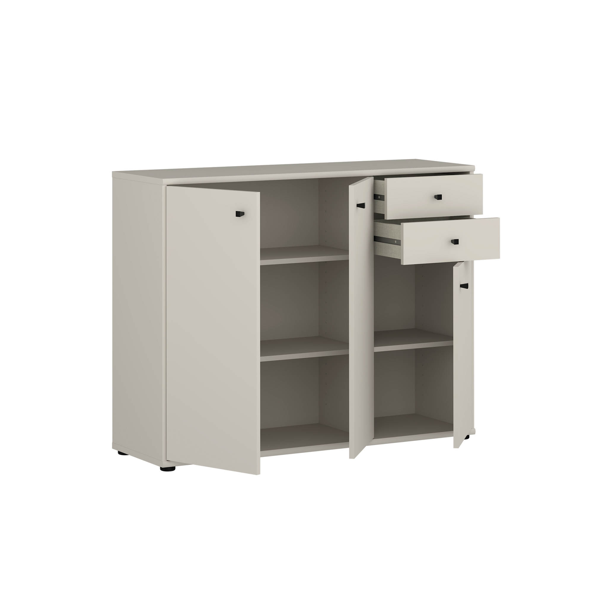 Tampa komód 2 fiókos / 3 ajtós, kasmír, fekete fogantyú, 109x86x35 cm