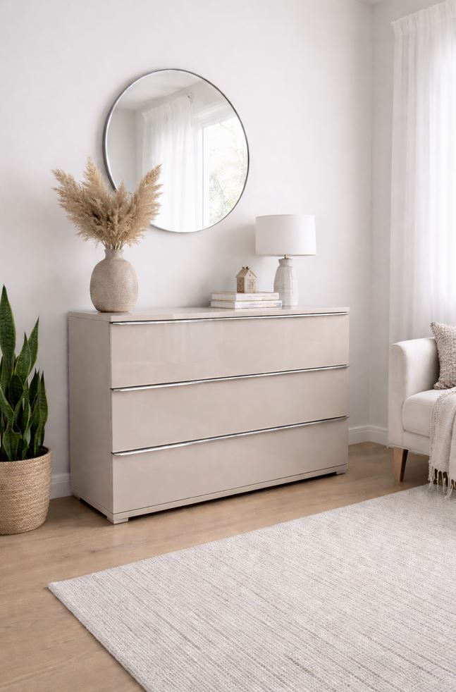 Rubin 3 fiókos komód, Üvegezett fronttal, teljesen kihúzható fiók vasalattal, Homok dekor / Mandula üveg / Króm fogantyú, 120x80x40 cm "k"