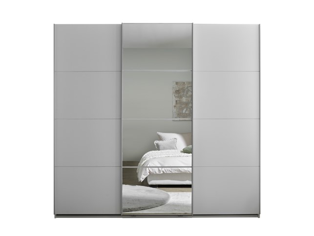 CARINA tolóajtós szekrény, tükör-fehér / fehér, 215x204x63 cm