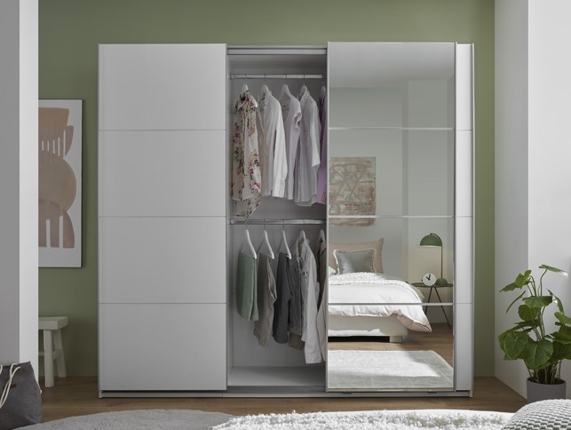 CARINA tolóajtós szekrény, tükör-fehér / fehér, 215x204x63 cm