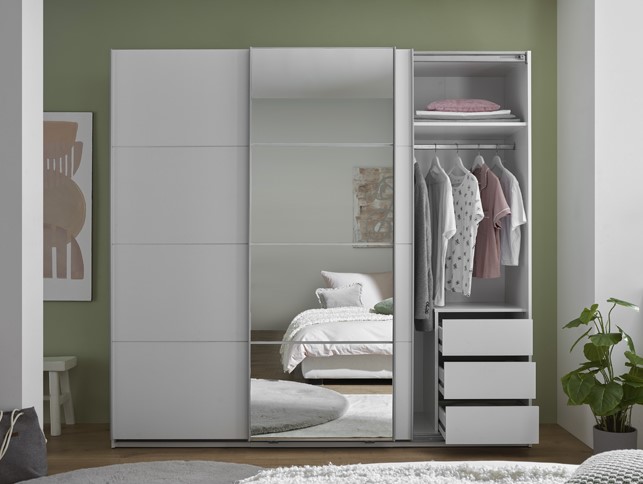 CARINA tolóajtós szekrény, tükör-fehér / fehér, 215x204x63 cm