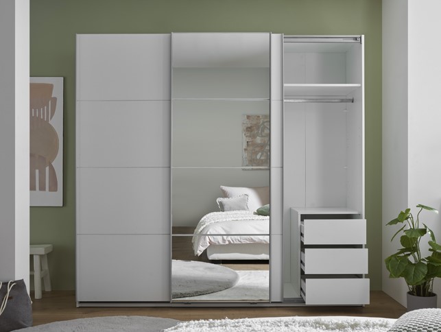 CARINA tolóajtós szekrény, tükör-fehér / fehér, 215x204x63 cm