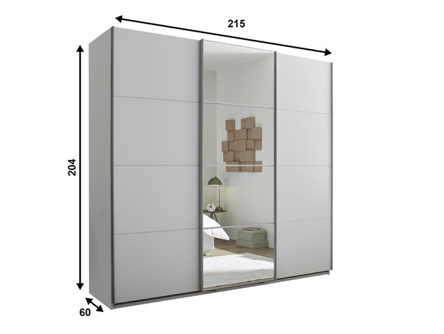 CARINA tolóajtós szekrény, tükör-fehér / fehér, 215x204x63 cm